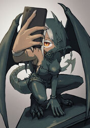  absurd_res bottomwear bracelet breasts brown_eyes cellphone cleavage clothed clothing crouching dark_body dark_skin electronics female gargoyle hair hi_res hotpants humanoid inanimate_transformation jewelry key mouth_hold not_furry petrification phone selfie shizumi_tsubasa shorts smartphone solo transformation white_hair wings 