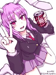  animal_ears blazer blouse buttons can carrot collared_shirt dr_pepper drink_can female jacket kneeling light_purple_hair long_hair long_sleeves looking_at_viewer necktie open_mouth purple_hair purple_skirt rabbit_ears red_eyes red_necktie reisen_udongein_inaba shirt sidelocks simple_background skirt socks soda soda_can solo teeth touhou v wasabisuke white_background white_shirt white_socks 