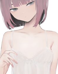  blunt_bangs bob_cut breasts closed_mouth expressionless female fingernails grey_eyes half-closed_eyes hand_up head_tilt lingerie looking_at_viewer medium_hair migihidari_(puwako) nightgown original pink_hair simple_background small_breasts solo underwear white_background 