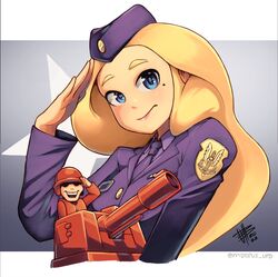  1boy advance_wars arm_up badge blonde_hair blue_eyes closed_mouth collared_shirt commentary cropped_torso english_commentary female garrison_cap hat helmet highres insignia jacket long_hair long_sleeves looking_at_viewer mateus_upd military military_uniform military_vehicle mole mole_under_eye motor_vehicle necktie nell_(advance_wars) open_mouth purple_headwear purple_jacket purple_necktie purple_shirt red_headwear red_jacket salute shirt signature smile soldier special_air_service tank teeth twitter_username uniform upper_body upper_teeth_only 