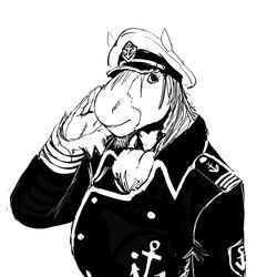  1:1 2020 anthro black_and_white clothing clydesdale draft_horse equid equine female gesture hat headgear headwear hi_res hladilnik horse mammal military_cap military_uniform monochrome naval_uniform salute solo tinker_(hladilnik) uniform 