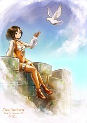  bird black_hair bodysuit breasts brown_eyes choker closed_mouth cloud dove female final_fantasy final_fantasy_ix full_body garnet_til_alexandros_xvii gloves highres jewelry komugiko_no_mori necklace orange_bodysuit short_hair smile solo 