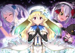  4girls black_gloves black_headwear blonde_hair blue_flower blush calavera capelet closed_eyes closed_mouth daffodil dress elbow_gloves flower gloves grey_hair hair_flower hair_ornament hat highres holding holding_skull izumi_kanagi izumi_kanagi_(vampire_ver.) long_hair looking_at_viewer magia_record:_mahou_shoujo_madoka_magica_gaiden magical_girl mahou_shoujo_madoka_magica maid_headdress misono_karin momo_tomato monocle multiple_girls oerba_yun_fang official_alternate_costume open_mouth own_hands_together parted_bangs purple_eyes purple_hair red_eyes short_hair skull smile thighhighs togame_momoko togame_momoko_(sister_ver.) torn_clothes torn_dress two_side_up white_capelet white_dress white_flower white_hair witch_hat yakumo_mitama 