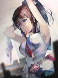  adjusting_hair armpits arms_up bad_id bad_pixiv_id blue_eyes blurry breasts brown_hair depth_of_field female hair_tie_in_mouth highres idolmaster idolmaster_million_live! long_hair medium_breasts mouth_hold ponytail pos_(shiratama-ya) sailor_collar satake_minako sleeveless solo tying_hair 