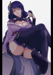  bangs black_panties breasts cleavage closed_mouth crossed_legs eyebrows_visible_through_hair female fingernails genshin_impact large_breasts lips long_hair looking_at_viewer nail_polish negom panties pillarboxed pink_eyes purple_hair purple_legwear purple_nails raiden_(genshin_impact) simple_background sitting solo thighhighs thighs twitter_username underwear white_background 