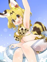  absurdres alternate_costume animal_ears arm_up armpits bikini blonde_hair blush cat_ears cat_girl cat_tail extra_ears female flower frilled_bikini frills hair_flower hair_ornament highres innertube iwa_(iwafish) jewelry kemono_friends necklace open_mouth print_bikini round_teeth serval_(kemono_friends) serval_print shell shell_necklace short_hair solo splashing swim_ring swimsuit tail teeth water yellow_eyes 