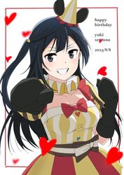  absurdres birthday black_hair border breasts character_name collarbone commentary dated dress english_text female grey_eyes grin happy_birthday hat highres infinity!_our_wings!! long_hair looking_at_viewer love_live! love_live!_nijigasaki_high_school_idol_club medium_breasts mittens one_side_up red_border smile solo upper_body white_background yellow_dress yokota_takumi yuki_setsuna_(love_live!) 