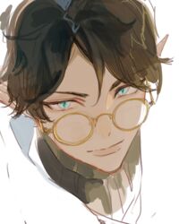  1boy al_rashad al_rashad_(fire) blue_eyes brown_hair collared_shirt commentary_request dark-skinned_male dark_skin elf glasses korean_commentary kuzuvine looking_up lord_of_heroes male_focus pointy_ears portrait shirt white_background 