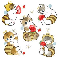  animal_costume antennae bee bee_suit blue_eyes bug feline flower food fruit grey_fur hugging_object juno_(mofu_sand) kitten lowres no_humans orange_fur original strawberry striped tabby_cat white_background white_flower white_fur 