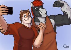  2017 5_fingers anthro biceps black_body black_fur black_stripes blue_background blue_eyes brown_hair cellphone clothed clothing digital_media_(artwork) dog_tags duo electronics equid equine eyebrows felid fingers flexing front_view fur hair holding_object holding_phone horse jodira male mammal multicolored_body multicolored_ears multicolored_fur muscular muscular_male orange_body orange_clothing orange_fur orange_shirt orange_topwear pandacouch pantherine phone pink_nose red_hair selfie shirt short_hair simple_background smile standing striped_body striped_fur stripes tank_top tiger topwear two_tone_body two_tone_ears two_tone_fur white_body white_eyebrows white_fur 