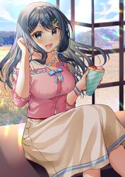  :d bare_shoulders blue_eyes blue_hair bow bracelet breasts buttons collarbone commission female fire_emblem food hair_ornament hairclip highres ice_cream jewelry large_breasts long_hair long_skirt necklace off-shoulder_shirt off_shoulder open_mouth oribe_tsubasa shirt short_sleeves skeb_commission skirt smile solo sunlight tokyo_mirage_sessions_fe tucking_hair white_skirt window yam_(yamap_mako) 