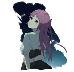  arm_behind_back bakemonogatari blue_eyes blush bracelet brush_stroke chinese_commentary commentary_request crop_top dress eyelashes female head_tilt highres jewelry long_hair looking_at_viewer looking_back monogatari_(series) night night_sky print_dress purple_hair senjougahara_hitagi short_sleeves sidelocks sky smile solo upper_body yuyu_guantou_(marky) 