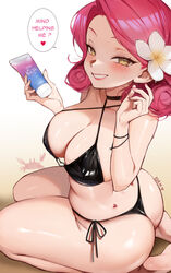  ass bikini black_bikini black_choker blush breasts choker crab eden_(shiroki_yuutsu) english_text female flower g-string grin hair_flower hair_ornament hands_up heart highres large_breasts lotion_bottle medium_hair original pink_hair sand seiza side-tie_bikini_bottom sitting smile solo speech_bubble string_bikini swimsuit thighs thong thong_bikini vanilla_(eden_(shiroki_yuutsu)) wet white_flower yellow_eyes 