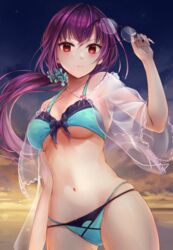  absurdres bikini black-framed_eyewear breasts commentary fate/grand_order fate_(series) female glasses green_bikini highres holding holding_removed_eyewear large_breasts long_hair low_ponytail navel purple_hair red_eyes scathach_(fate) scathach_skadi_(swimsuit_ruler)_(fate) scathach_skadi_(swimsuit_ruler)_(final_ascension)_(fate) slime_(user_jpds8754) solo standing swimsuit unworn_eyewear very_long_hair 