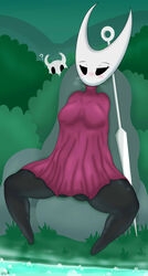  absurd_res ambiguous_gender anthro armless arthropod ass being_watched blush bodily_fluids breasts breath butt_from_the_front clothing dress duo eyelashes female grass hi_res highoncoffee hollow_knight hornet_(hollow_knight) looking_at_another melee_weapon panting plant question_mark red_clothing red_dress resting rock sitting stepbrother_(lore) stepsibling_(lore) stepsister_(lore) sweat team_cherry the_knight_(hollow_knight) topwear vessel_(species) water weapon 