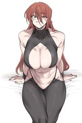  abs breasts collarbone covered_collarbone facial_mark female fuuma_kotarou_(tenkaichi) hair_between_eyes halterneck highres japanese_clothes large_breasts legs_together long_hair looking_at_viewer muscular muscular_female navel on_bed parted_lips red_eyes red_hair sitting skin_tight skindentation smile solo tenkaichi_nihon_saikyou_bugeisha_ketteisen tsurime urec wristband 