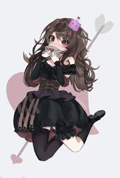  asymmetrical_legwear black_dress blob brown_eyes brown_hair centi_(nimu) commentary corset detached_sleeves dress envelope female heart heart-shaped_pupils highres holding holding_letter indie_virtual_youtuber letter long_hair love_letter nimu_(vtuber) off-shoulder_dress off_shoulder solo symbol-shaped_pupils thighhighs virtual_youtuber yubbiidraw 