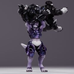  1:1 3d_(artwork) anthro armor blush clawed_fingers claws closed_eyes clothing digital_media_(artwork) duo fangs female fluffy fluffy_tail handpaw hi_res lifting_another looking_down_at_partner machine male mamagen muscular navel neck_tuft open_mouth panties papagen paws pral_(the_tao_swordsman) protogen simple_background strong_female syko_(mamagen) tail teeth the_tao_swordsman thick_thighs toe_claws tuft underwear 