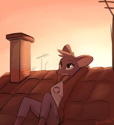  anthro bottomwear chimney clothed clothing denim denim_bottomwear denim_clothing enginetrap female hi_res jacket jeans looking_up lori_meyers lying mammal mouse murid murine night_in_the_woods pants rodent rooftop smile solo sunset topwear 