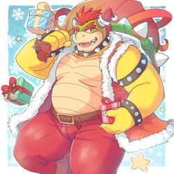  1:1 2019 3_fingers anthro armband belt bottomwear bowser bracelet christmas claws clothed clothing collar eyebrows fingers gift green_body green_scales hair hi_res holidays horn humanoid_hands jewelry koopa looking_at_viewer male mario_bros morganramune multicolored_body multicolored_scales nintendo open_clothing open_topwear open_vest pants red_eyes red_hair scales scalie smile solo spiked_armband spiked_bracelet spiked_collar spiked_wristband spikes standing tan_body tan_scales thick_eyebrows topwear vest white_claws white_horn wristband yellow_body yellow_scales 