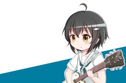  :o ahoge banmeshi blue_background blush brown_eyes brown_hair collarbone commentary female fish_hair_ornament goth_risuto guitar hair_between_eyes hair_ornament holding holding_instrument instrument parted_lips revision sailor_collar school_uniform serafuku shirt short_sleeves solo tsuyuri_yokaze two-tone_background white_background white_sailor_collar white_shirt 