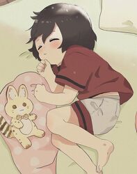  aged_down barefoot black_hair blush bow bowtie character_doll commentary_request curled_up female grey_shorts kaban_(kemono_friends) kemono_friends lolicon no_legwear on_bed red_shirt serval_(kemono_friends) shirt short_hair short_sleeves shorts sleeping solo stuffed_animal stuffed_toy t-shirt traditional_bowtie yodaka_miy 