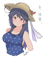  absurdres ahoge black_hair blue_one-piece_swimsuit breasts brown_eyes casual_one-piece_swimsuit collarbone crab dated female hat highres inica kantai_collection long_hair looking_at_viewer medium_breasts one-piece_swimsuit polka_dot polka_dot_swimsuit signature simple_background smile solo straw_hat swimsuit upper_body ushio_(kancolle) ushio_(swimsuit_mode)_(kancolle) white_background 