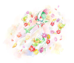  1other bonnet capelet comfey commentary flower gardevoir gardevoir_(fashionable) hand_up huiyuan looking_at_viewer outstretched_arm petals pokemon pokemon_(creature) pokemon_unite red_eyes white_headwear 