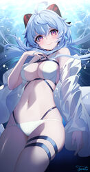  absurdres ahoge air_bubble bare_shoulders bikini blue_hair blush breasts bubble criss-cross_halter duplicate female ganyu_(genshin_impact) genshin_impact goat_horns halterneck highres horns long_hair long_sleeves looking_at_viewer medium_breasts navel pixel-perfect_duplicate purple_eyes sidelocks signature smile solo swimsuit tyenka7728 underwater water white_bikini 