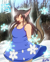  2012 anthro black_nose blue_clothing blue_dress blush breasts brown_hair canid canine canis chest_tuft clothed clothing cute_fangs dress female forest fully_clothed fur hair inner_ear_fluff japanese_text mammal open_mouth outside photo_background photography_(artwork) plant red_eyes snow solo tan_body tan_fur text translated tree tuft wolf wolf_children ymbk yuki_(wolf_children) 