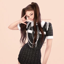  blackpink brown_eyes brown_hair cowboy_shot dress female jennie_(blackpink) jewelry k-pop long_hair looking_at_viewer necklace pearl_necklace real_life short_sleeves simple_background smile solo twintails umigraphics 