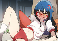  absurdres anger_vein ball basketball_(object) blue_hair blush breasts bural_chingu buruma commentary dark_blue_hair feet_out_of_frame female glasses gym_shirt gym_storeroom gym_uniform hair_between_eyes highres ju_hyeon-mi korean_commentary long_hair looking_at_viewer luke_(dydansgur) midriff navel nose_blush open_mouth puffy_short_sleeves puffy_sleeves red-framed_eyewear red_buruma shirt short_sleeves small_breasts socks solo spread_legs tennis_ball thighs traffic_cone v-shaped_eyebrows vaulting_horse white_shirt white_socks yellow_eyes 