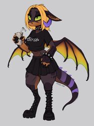  2020 3:4 alternative_fashion anthro belly_scales beverage biped blonde_hair boots bottomwear breasts claws clothed clothing collar conditional_dnp crop_top digital_media_(artwork) digitigrade dragon english_text european_mythology female footwear full-length_portrait goth green_eyes hair hi_res holding_beverage holding_object horn juice_box markings membrane_(anatomy) membranous_wings midriff miniskirt mythological_creature mythological_scalie mythology orange_hair pleated_skirt portrait profanity scales scalie shirt signature simple_background skirt solo striped_markings striped_tail stripes tail tail_markings tail_under_skirt text text_on_clothing text_on_shirt text_on_topwear thick_tail thick_thighs topwear western_dragon wings zazush-una zazush_(zazush-una) 