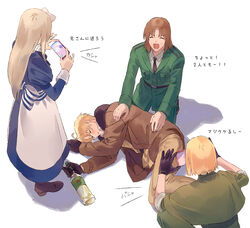  3boys ahoge alcohol america_(hetalia) apron axis_powers_hetalia belarus_(hetalia) blonde_hair blush bomber_jacket bottle bow breast_pocket brown_hair capelet cellphone cellphone_photo commentary drunk faceless faceless_female faceless_male female green_capelet green_shirt hairbow hand_on_another&#039;s_arm hand_on_another&#039;s_back highres holding holding_bottle holding_phone jacket kneeling lithuania_(hetalia) long_hair military military_uniform multiple_boys necktie phone pocket poland_(hetalia) red_necktie shirt short_hair shouting sleeping smartphone taking_picture translated uniform unworn_eyewear vvvrsi3636 