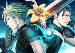  2boys armor black_panties blonde_hair blue_background blue_eyes cloud_strife earrings energy_orb final_fantasy final_fantasy_vii final_fantasy_vii_remake flower gloves grin haru_(toyst) hibiscus holding jewelry male_focus multiple_boys panties profile short_hair shoulder_armor sidelocks signature sleeveless smile spiked_hair sword teeth turtleneck underwear upper_body weapon zack_fair 