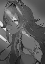  absurdres breasts commentary criss-cross_halter crossed_bangs dehya_(genshin_impact) earrings female genshin_impact greyscale hair_between_eyes halterneck highres jewelry long_hair looking_at_viewer medium_breasts monochrome multicolored_hair simple_background solo sukoyaka93 upper_body 