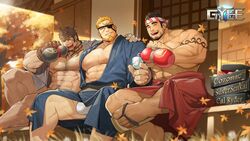  3boys abs alcohol antonio_(gyee) arm_tattoo autumn_leaves bara bare_pectorals beard blue_kimono bulge chest_hair closed_eyes clothes_down copyright_name cross_scar dark-skinned_male dark_skin eyepatch facial_hair feet_out_of_frame fundoshi goatee gyee hairy hand_on_another&#039;s_shoulder headband highres japanese_clothes kimono large_bulge large_feet large_hands large_pectorals leg_hair male_focus male_underwear male_underwear_peek markus_(gyee) multiple_boys muscular muscular_male navel navel_hair nipples official_art one_eye_covered open_clothes open_kimono outdoors pectorals pouring red_kimono sake saliva sandals scar scar_on_face scar_on_leg second-party_source sig_(gyee) sitting smile sunset tattoo thick_thighs thighs tongue tongue_out topless_male underwear zouri 