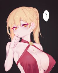  ? black_background blonde_hair braid breasts cleavage_cutout clothing_cutout cocktail_dress dress earrings eonsang female french_braid girls&#039;_frontline halter_dress halterneck hand_on_own_cheek hand_on_own_face highres jewelry official_alternate_costume ots-14_(girls&#039;_frontline) ots-14_(ruler_of_the_banquet)_(girls&#039;_frontline) plunging_neckline ponytail red_dress upper_body yellow_eyes 