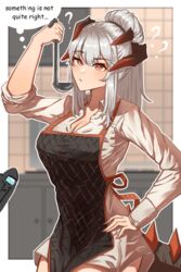  1other ? absurdres alternate_hairstyle among_us apron arknights arm_up black_apron border breasts cleavage commentary cowboy_shot doctor_(arknights) dress english_commentary female grey_hair hand_on_own_hip highres holding holding_ladle horns indoors ladle large_breasts long_hair long_sleeves najashi orange_eyes outline outside_border ponytail saria_(arknights) short_dress sidelocks standing tail thought_bubble white_border white_dress white_outline 