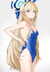  absurdres animal_ears bare_shoulders blonde_hair blue_archive blue_eyes blue_halo blue_leotard blush braid breasts collarbone commentary earpiece fake_animal_ears fake_tail female half_up_braid halo highleg highleg_leotard highres leotard long_hair looking_at_viewer official_alternate_costume oniku_(oishii_oniku) playboy_bunny rabbit_ears rabbit_tail small_breasts solo strapless strapless_leotard tail thighhighs thighs toki_(blue_archive) toki_(bunny)_(blue_archive) white_thighhighs wrist_cuffs 