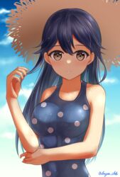  bad_id bad_pixiv_id beach black_hair blue_one-piece_swimsuit blue_sky breasts casual_one-piece_swimsuit cloud cloudy_sky dangan_kurabu day female hair_between_eyes hat highres kantai_collection large_breasts long_hair navel official_alternate_costume one-piece_swimsuit outdoors polka_dot polka_dot_swimsuit sky solo straw_hat swimsuit upper_body ushio_(kancolle) ushio_(swimsuit_mode)_(kancolle) yellow_eyes 