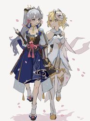  2girls absurdres arm_guards armor armored_dress blonde_hair blunt_bangs blush boots breasts cherry_blossoms choker cleavage closed_mouth collarbone detached_sleeves dress fox_mask full_body gauntlets genshin_impact grey_eyes grey_hair hair_ribbon hair_tubes highres holding_hands japanese_clothes kamisato_ayaka kamisato_clan_(emblem) kurattes long_hair looking_at_another looking_to_the_side lumine_(genshin_impact) mask mask_on_head medium_breasts multiple_girls open_mouth petals pink_ribbon ponytail ribbon scarf short_hair_with_long_locks sidelocks simple_background socks talking thigh_boots thighhighs tress_ribbon white_dress white_scarf white_socks yellow_eyes yuri 