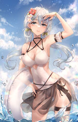  absurdres bird black_skirt blue_hair blue_sky blush bow bracelet breasts casual_one-piece_swimsuit cleavage cloud cloudy_sky covered_navel cowboy_shot female flower frills garter_belt glowing green_bow hair_flower hair_ornament highres holding_floatie jewelry large_breasts light_blue_hair long_hair looking_at_viewer low_twintails ocean one-piece_swimsuit original outdoors pippin_(pippin_sol) red_flower see-through see-through_skirt skirt sky smile solo standing swimsuit twintails water water_drop waves white_flower white_one-piece_swimsuit 