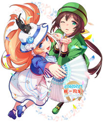  2girls akikawa_yayoi_(umamusume) animal_on_head anniversary bangs banned_artist bass_clef beamed_eighth_notes black_legwear blowing_kiss blue_eyes blue_flower blue_footwear blue_jacket blue_rose bowler_hat brown_hair cat_on_head coat confetti cropped_jacket dress eighth_note feline floating_hair flower folding_fan full_body green_coat green_eyes green_footwear green_headwear hand_fan hat hayakawa_tazuna holding holding_fan jacket kittysuit loafers long_hair looking_at_viewer multiple_girls musical_note nacht nontraditional_playboy_bunny oerba_yun_fang on_head one_eye_closed open_mouth orange_hair rose shoes skin_fang socks strappy_heels umamusume white_dress white_legwear 