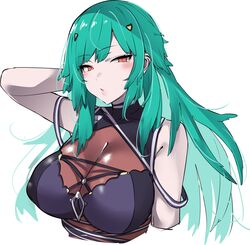  absurdres blush breasts brown_eyes cleavage covered_nipples female green_hair hair_ornament highres huge_breasts kitakoji_hisui kitakoji_hisui_(2nd_costume) long_hair looking_at_viewer nijisanji open_mouth riputon_(fsoudb87edujztp) simple_background solo upper_body very_long_hair virtual_youtuber white_background 