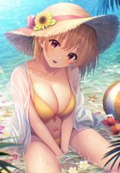  :d ball barefoot beachball between_legs bikini blush breasts brown_hair brown_hat cleavage collarbone comiket_102 commentary_request day female flower flower_on_liquid food front-tie_bikini_top front-tie_top fruit hair_between_eyes hand_between_legs hat hat_flower head_tilt highres large_breasts long_sleeves looking_at_viewer md5_mismatch oerba_yun_fang original outdoors red_eyes red_flower resolution_mismatch see-through shallow_water shirt shirt_on_shoulders sitting smile solo source_smaller starfish strawberry sunflower swimsuit u_rin wariza water wet wet_clothes wet_shirt white_shirt yellow_bikini yellow_flower 