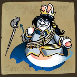  1:1 2023 altermentality anthro black_facial_hair black_hair black_mustache blue_cape blue_clothing blue_eyes blue_tail brown_background buckteeth cape closed_smile clothed clothed_anthro clothed_male clothing colored crossover crown digital_drawing_(artwork) digital_media_(artwork) directional_arrow english_description english_text facial_hair ghost grey_clothing grey_eyelids grey_suit hair half-closed_eyes hand_pawpads headgear hybrid lagomorph legless long_ears long_hair male mammal mario_bros mario_plus_rabbids_kingdom_battle markings mitten_hands mole_(marking) moustache mouth_closed narrowed_eyes nintendo pawpads phantom_of_the_bwahpera rabbid raving_rabbids rayman_(series) shaded simple_background smile solo spirit suit tail tan_inner_ear tan_pawpads teeth text ubisoft 