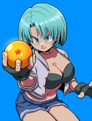  absurdres black_bra black_gloves blue_background blue_eyes blue_hair blue_shorts bra breasts bulma_briefs cleavage closed_mouth commentary_request dragon_ball dragon_ball_(object) earrings female fingerless_gloves gloves highres holding_dragon_ball jacket jewelry large_breasts looking_at_object navel open_clothes open_jacket short_hair short_shorts shorts simple_background smile solo underwear v-shaped_eyebrows yuichi_ishikawa 