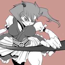  breasts brown_background closed_mouth coin coin_on_string commentary_request feet_out_of_frame female greyscale_with_colored_background hair_bobbles hair_ornament holding holding_scythe japanese_clothes kimono large_breasts looking_at_viewer obi obijime onikobe_rin onozuka_komachi sash scythe short_hair simple_background smile solo touhou two_side_up v-shaped_eyebrows 