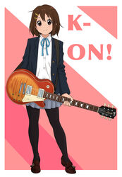  absurdres black_jacket black_pantyhose blazer brown_eyes brown_footwear brown_hair electric_guitar female full_body gibson_brands_inc gibson_les_paul grey_skirt guitar highres hirasawa_yui instrument ito_kashiwamochi jacket k-on! loafers looking_at_viewer neck_ribbon pantyhose pleated_skirt ribbon sakuragaoka_high_school_uniform school_uniform shirt shoes skirt skirt_hold solo standing white_shirt winter_uniform 